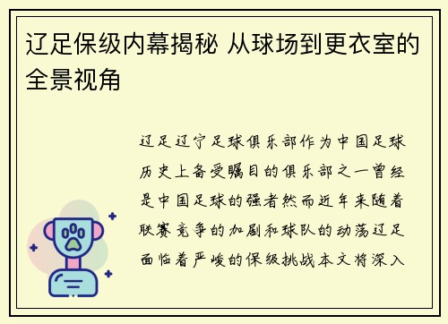 辽足保级内幕揭秘 从球场到更衣室的全景视角 辽足保级内幕揭秘 从球场到更衣室的全景视角