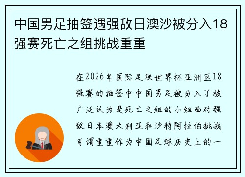 中国男足抽签遇强敌日澳沙被分入18强赛死亡之组挑战重重 中国男足抽签遇强敌日澳沙被分入18强赛死亡之组挑战重重
